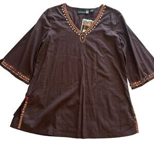 NWT Antthony Originals Brown Cotton Sequined Tunic Top 3/4 Sleeve V-neck Sz XS